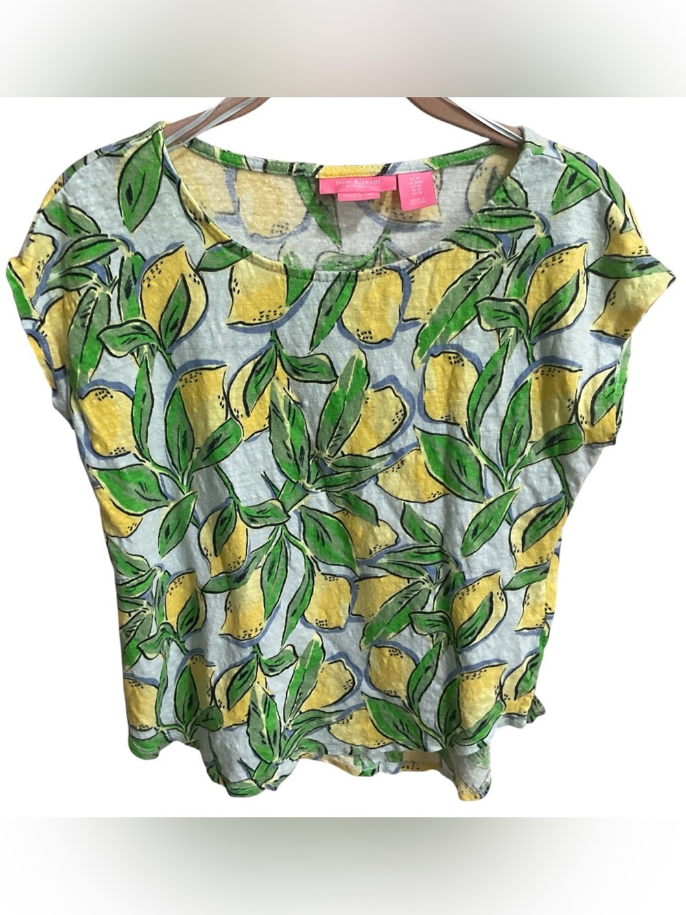 Isaac Mizrahi New York Women’s Med Linen Lemon Print Scoop Neck Cap Sleeve Top